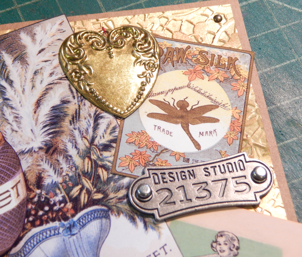 Mother's day collage card detail of heart charm and design studio plaque.