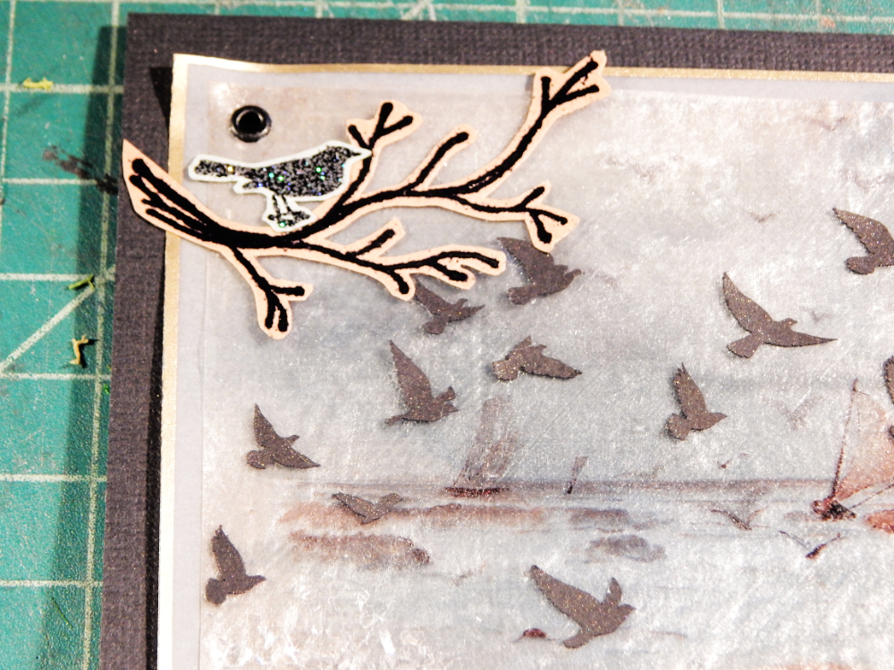 Detail of bird and branch stamp and transferred image