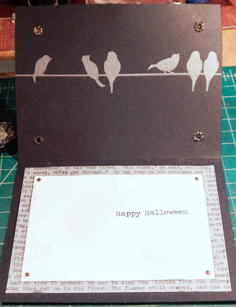 Inside of card, birds on a wire and typed background paper